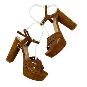Manas Lea Foscati High Heels Platform Braided Suede Brown Tan‎ Size 38 US 8
